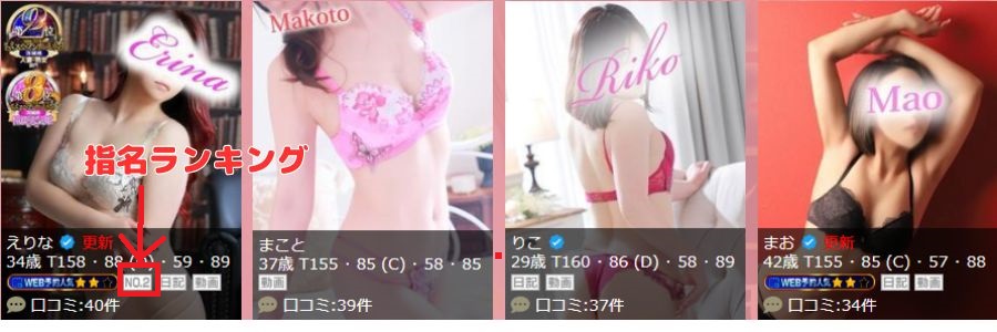 在籍嬢一覧の指名ランキング