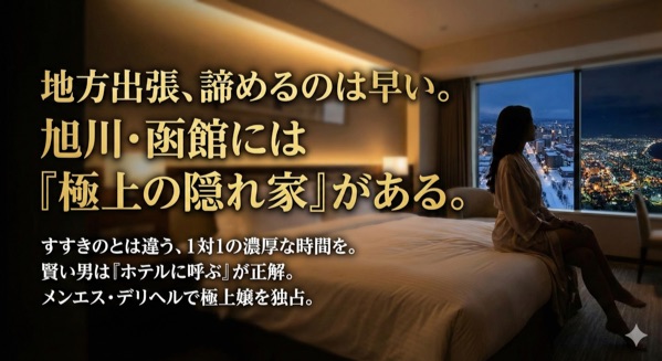 旭川や函館への出張時に、ホテルへデリヘルやメンエスを呼んで濃厚な時間を楽しむことを提案するイメージ画像