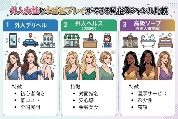 外人女性と本番級プレイができる風俗3ジャンル比較